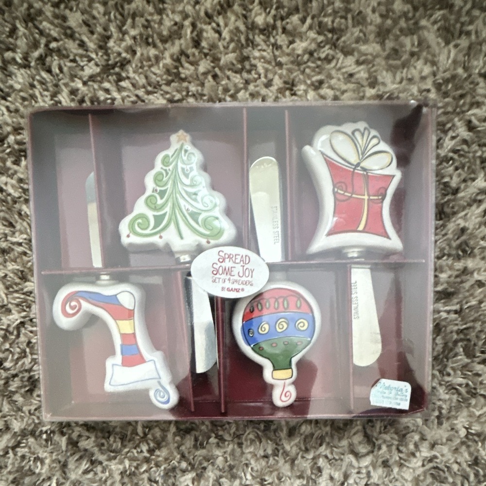 Ganz Bella Casa Christmas Cheese Knife Spreader Set, 4pc Ceramic Handles